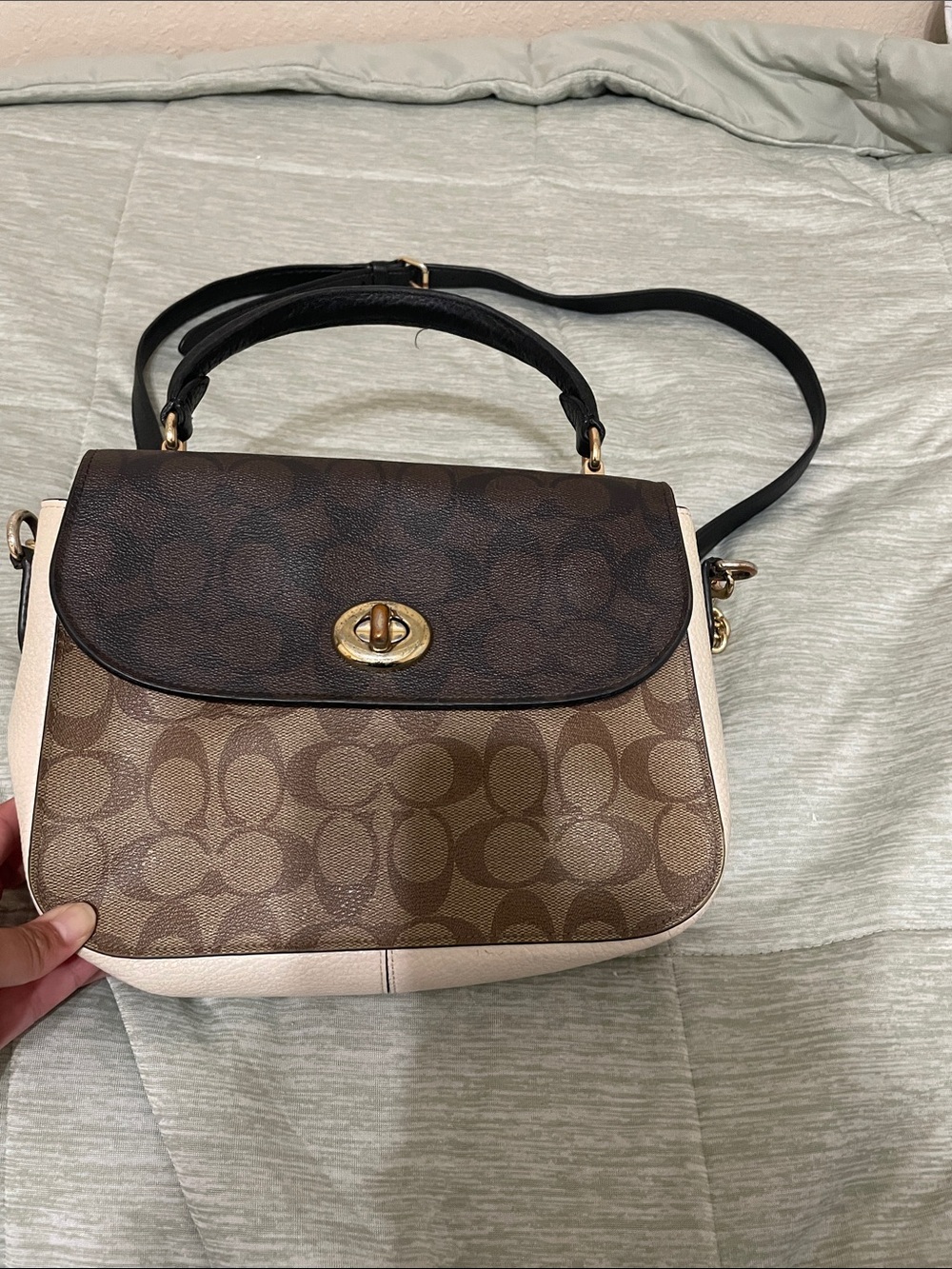Coach Two-Tone Signature Saddle Satchel in Brown and Cream